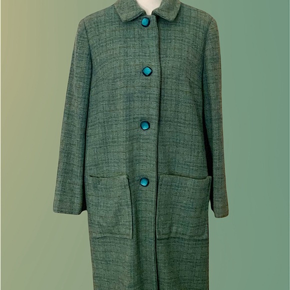 EUC! WOMEN’S VINTAGE GRAYISH-GREEN TWEED WOOL LONG COAT - Picture 7 of 11